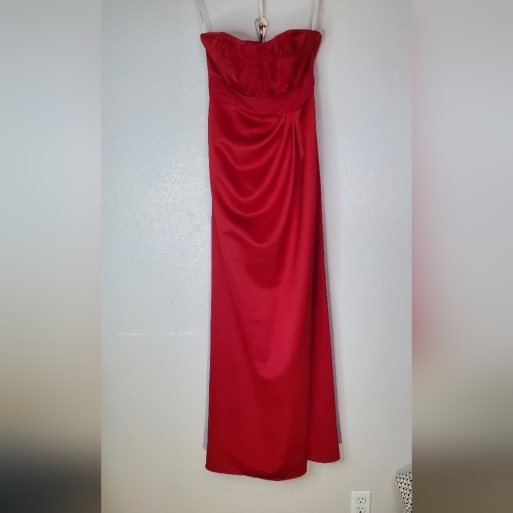 Davids Bridal F14207 Red Satin Long Satin Strapless Evening Gown Maxi Dress